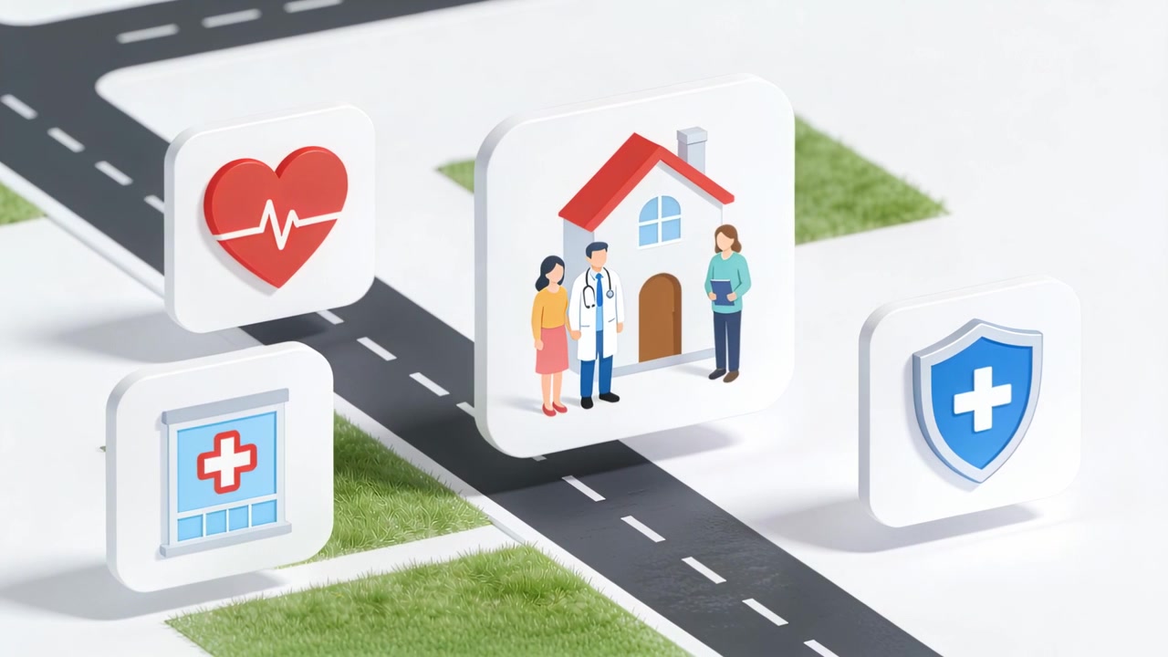Caméra zoomant au centre d'une vignette de soins à domicile, avançant sur une carte et centrant un bouclier de clinique cardiaque avec un manteau de médecin.