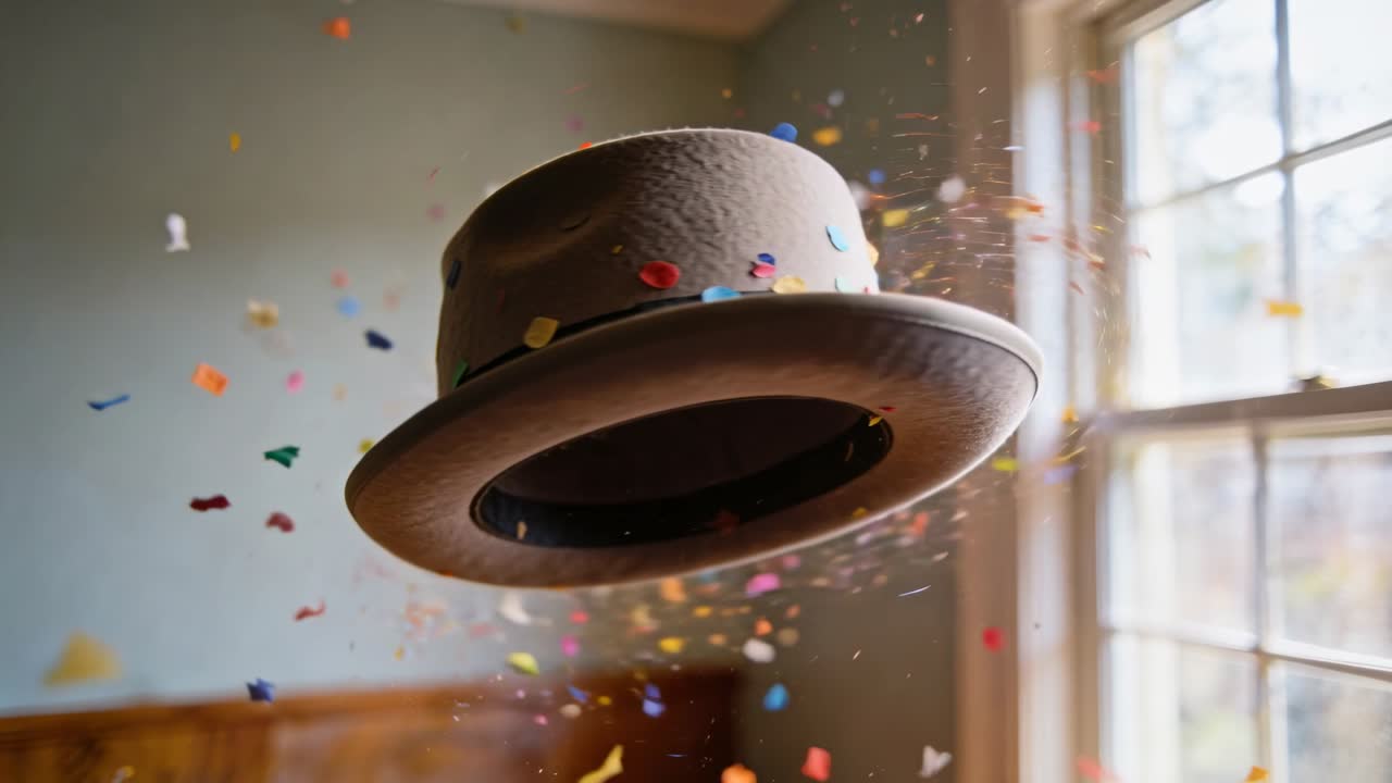 Sombrero fedora de fieltro giratorio con banda oscura respondiendo a una explosión de confeti cerca de una ventana de paneles múltiples, con luz suave.