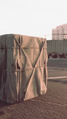 mysterious wrapped cube in urban setting