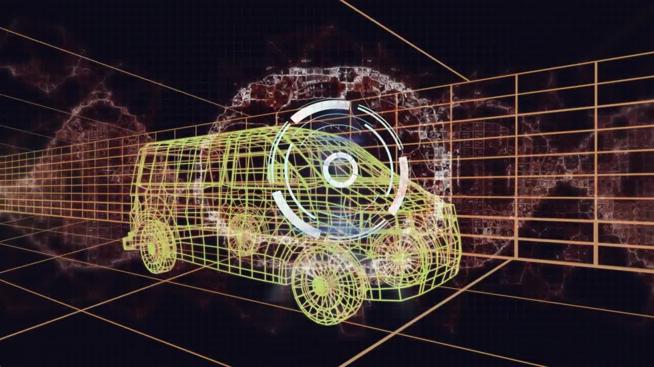 animación de la cadena de adn y el cerebro sobre el modelo de dibujo 3d de la furgoneta y la cuadrícula
