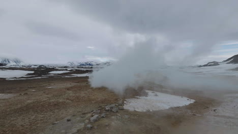 drone shot of vapor coming from land in active geothermal area of iceland