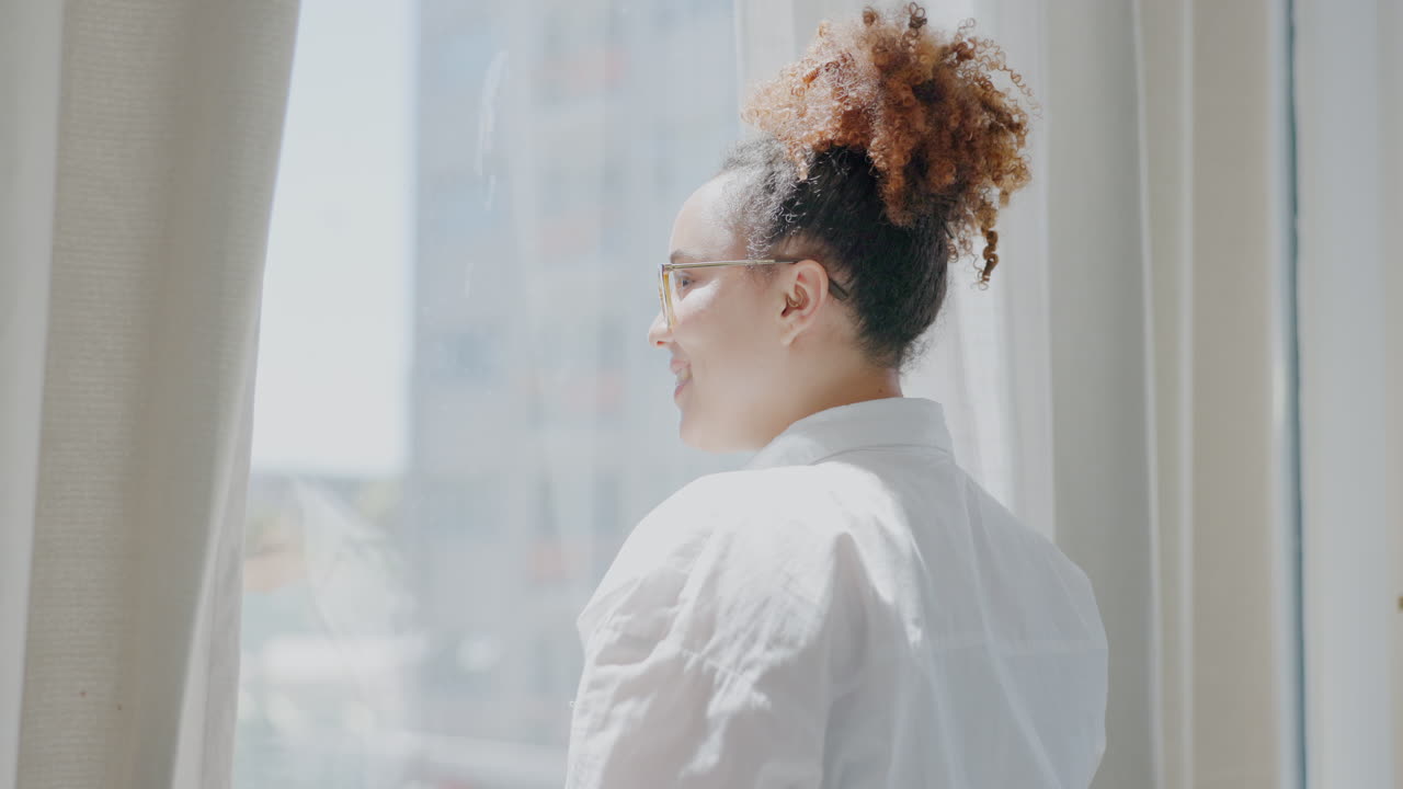 Open, curtain and morning with woman by window