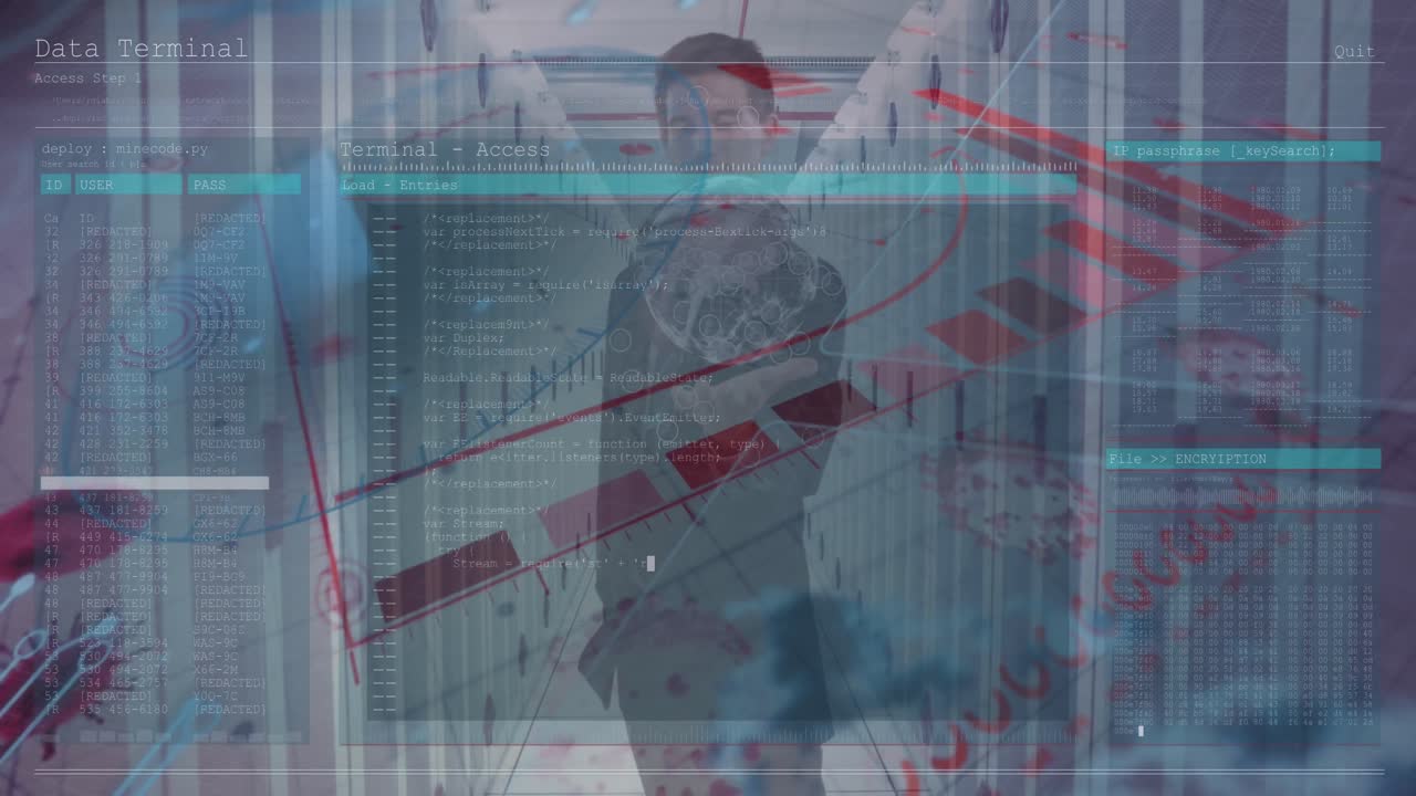 animación del procesamiento de datos sobre un empresario caucásico en la sala de servidores