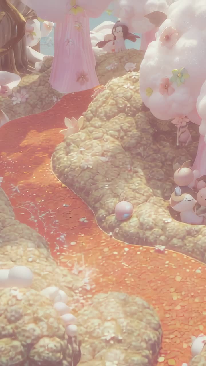 Vertical video: Rising cam showing child in pink dress cradling orb, soothing pals by orange stream