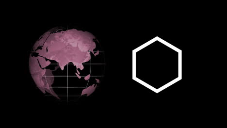 digital animation of globe icon spinning and abstract hexagonal shape against black background