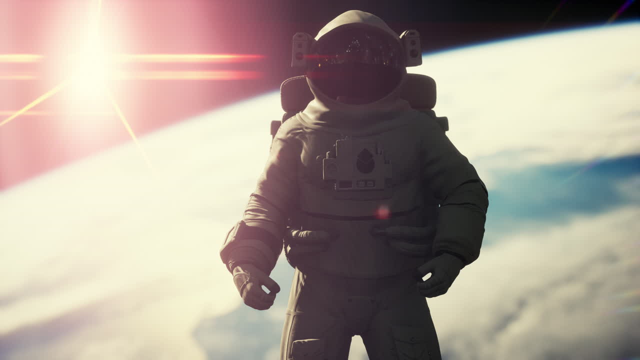 Romfarer i rommet mot en bakgrunn av den blå planeten Jorden