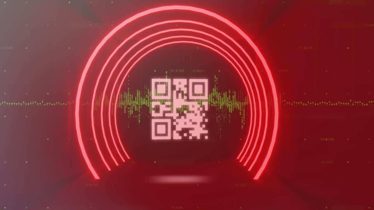 Animation of qr code in circular tunnel over graphs against abstract background