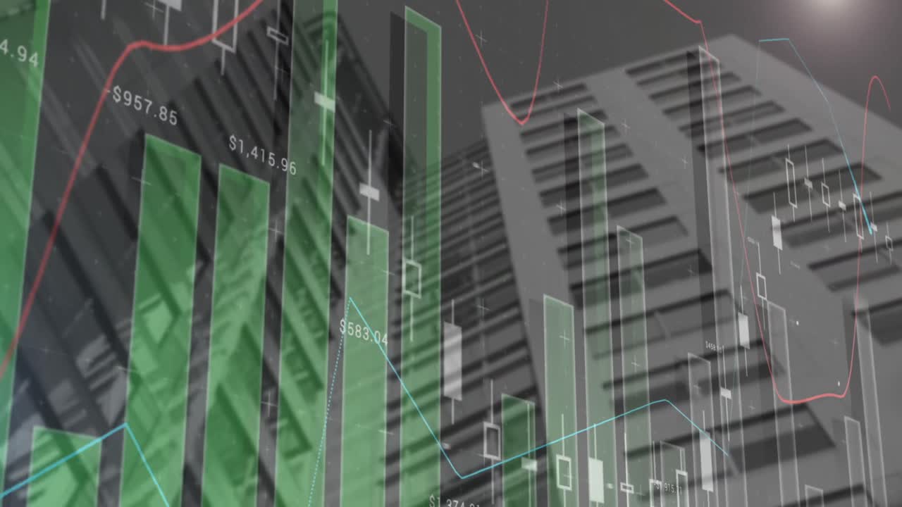 animación del procesamiento de datos estadísticos frente a una vista de ángulo bajo de edificios altos
