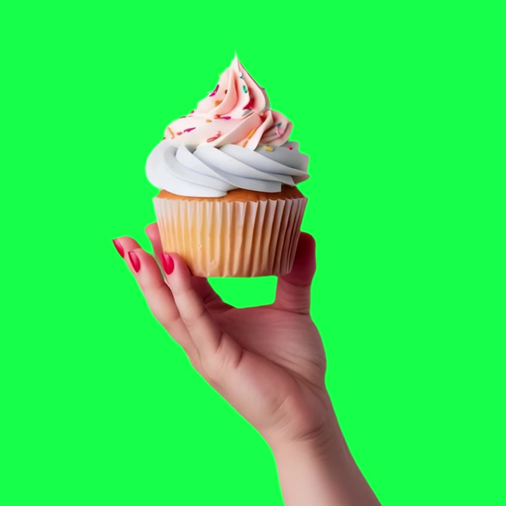 Mano che tiene un cupcake decorato su sfondo verde