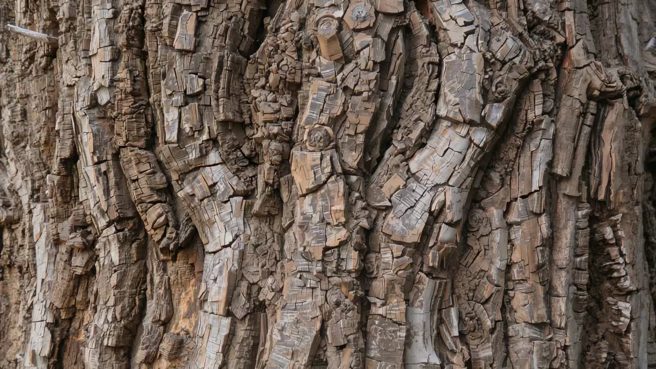 Spostamento della camera che mostra da vicino la corteccia del tronco di un albero in un parco, mettendo in risalto i nodi e i ramoscelli