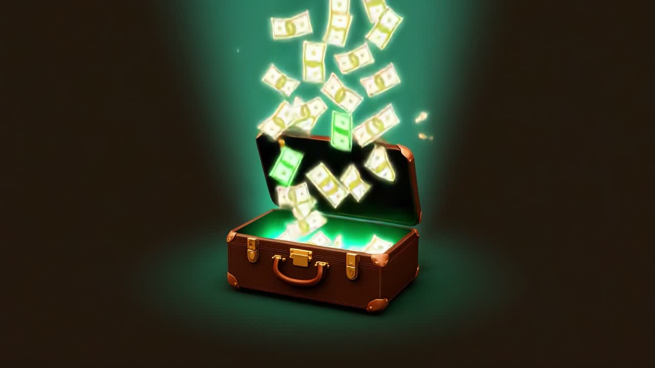 A magical suitcase overflowing with shimmering money and cash, illuminated by a vibrant glow, captures the essence of wealth, fortune, and abundance in a captivating visual display