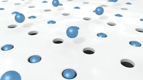 abstract blue background 3d shapes balls flying in holes. 4k animation looping footage.