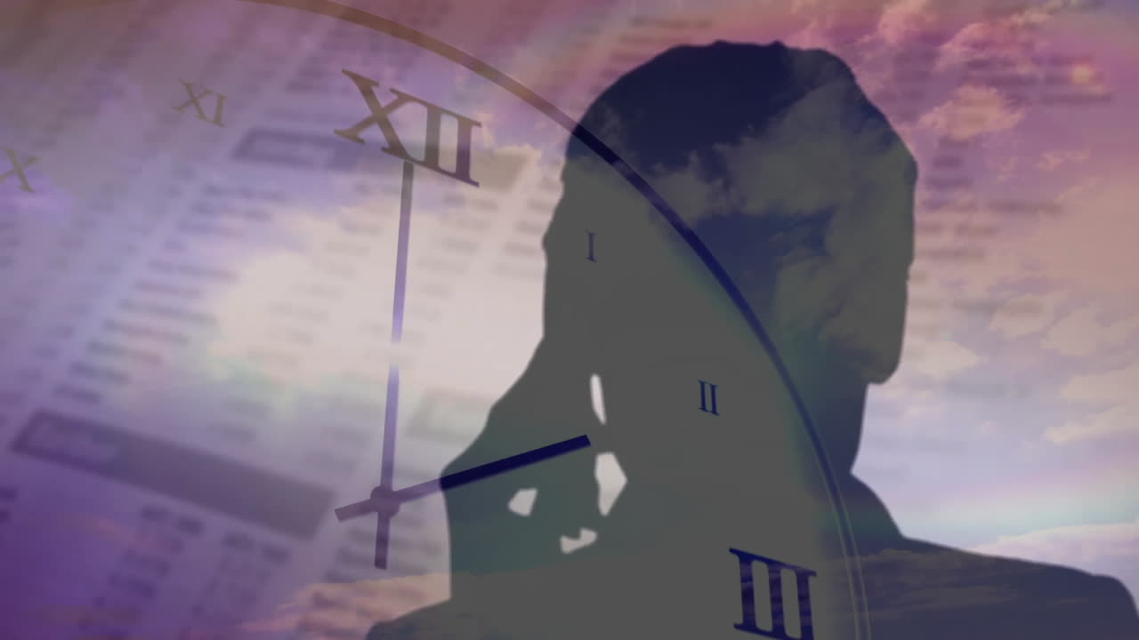 Using smartphone, person standing over clock face against cloudy sky animation