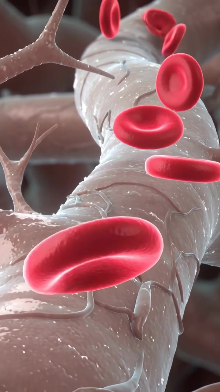 Vertical video: Camera tracking vessel carrying red cells in lumen toward branch with wall filament