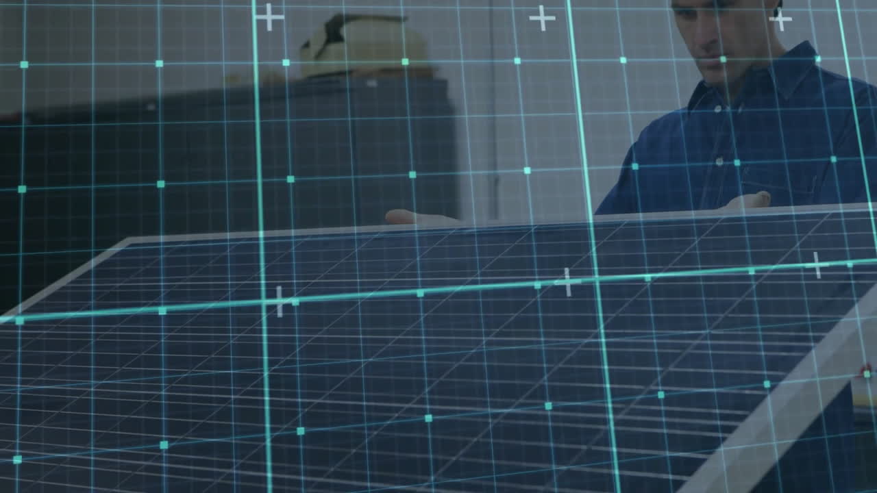 Technician adjusting solar panel in lab, showcasing renewable energy through turquoise grid overlay