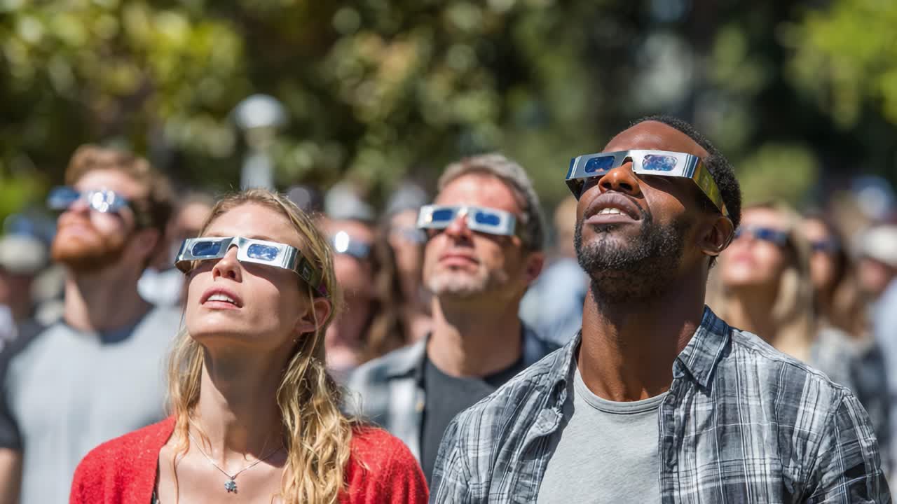 A Diverse Group of People Gazing Upwards in Fascination with Special Glasses During a Solar Event, Capturing the Awe of Nature's Celestial Wonders