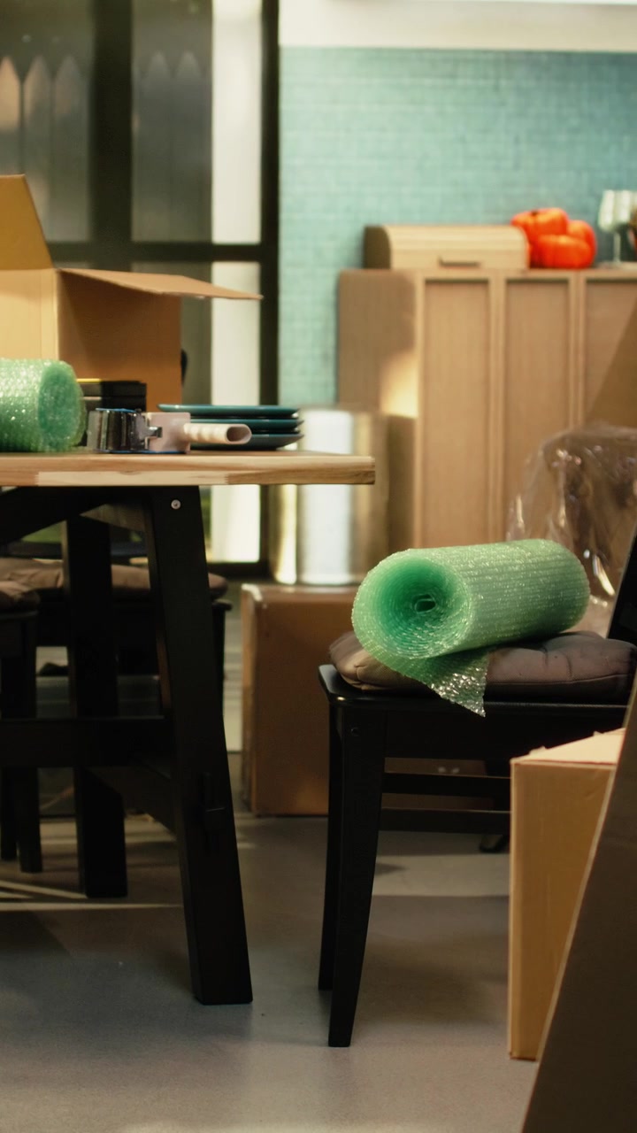 Vídeo Vertical: Interior de casa vazia com pilhas de caixas de papelão após a mudança