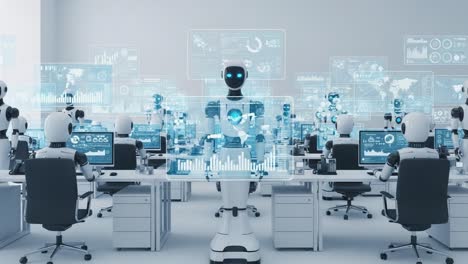 a futuristic office environment filled with humanoid robots engaged in data analysis and artificial intelligence work, showcasing advanced technology and collaboration.