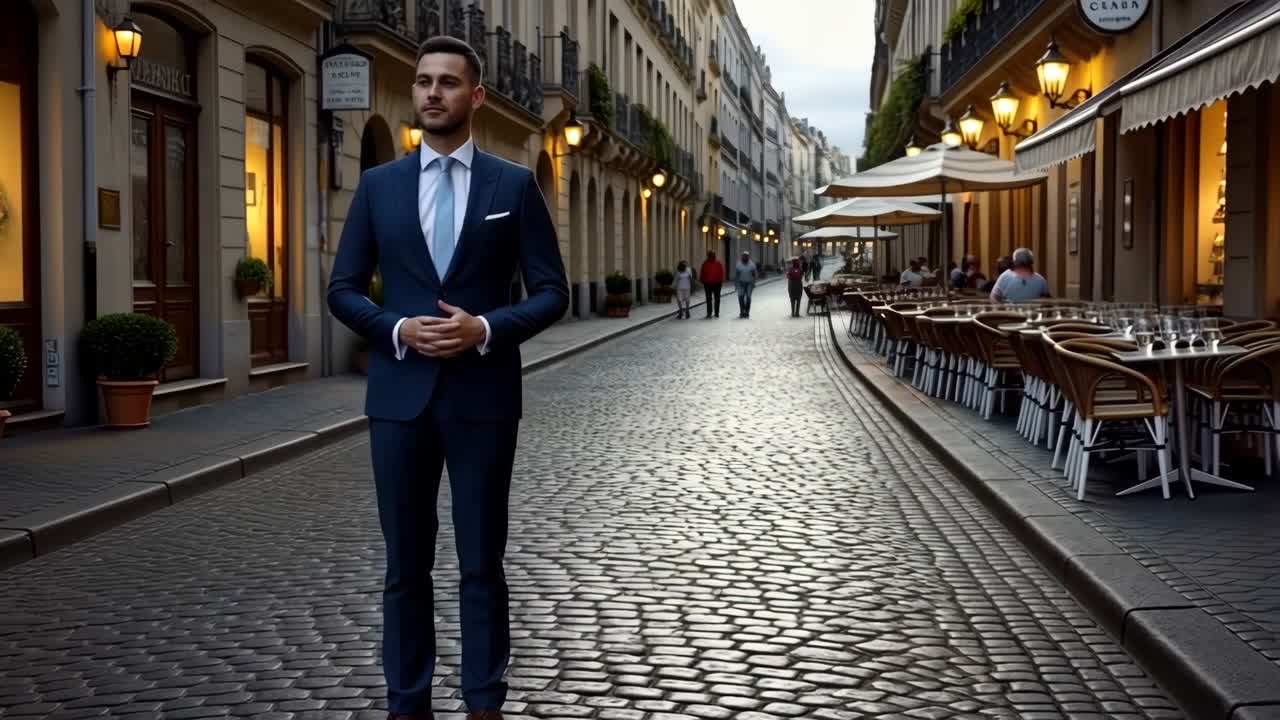 A man in a suit stands on a cobblestone street in a European city with a restaurant in the background