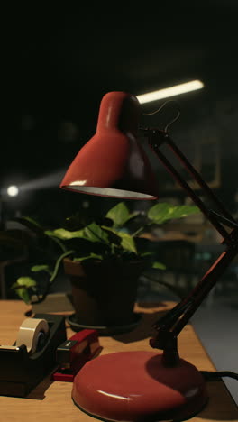 red desk lamp with plant