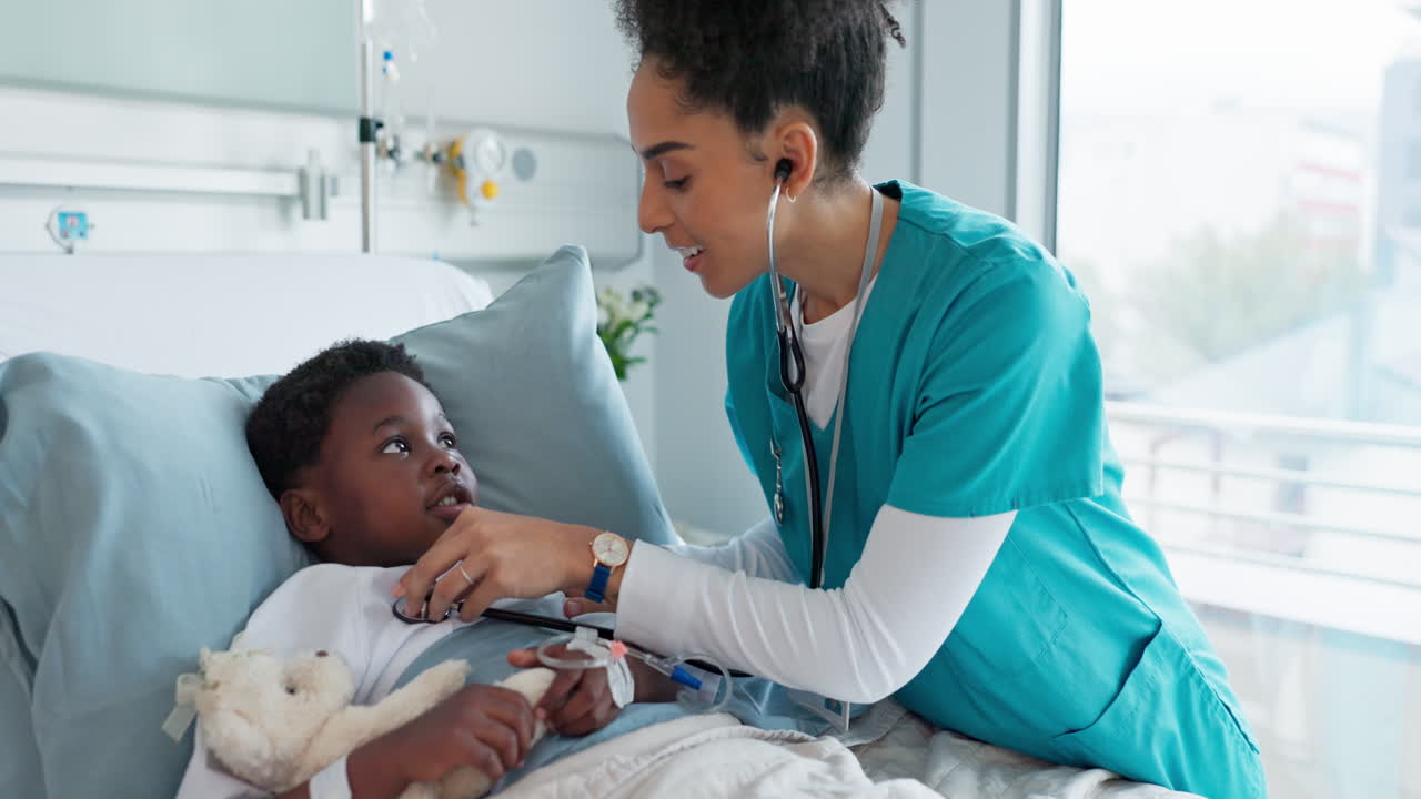 Happy woman, doctor and child checking heart beat
