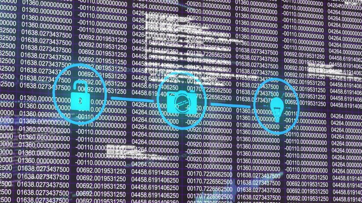 Binary code and data processing animation over digital network symbols