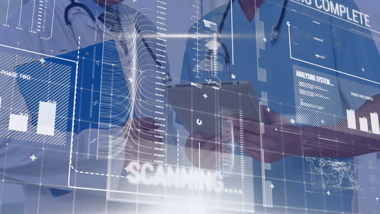 데이터 프로세싱의 애니메이션: 남성 의사와 의료 직원이 토론하는 중간 섹션