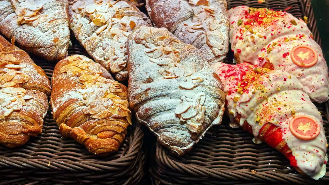 Close-up of assorted croissants dusted with powdered sugar and almond flakes, with iced pastries and sprinkles in a wicker basket at a pastry shop display