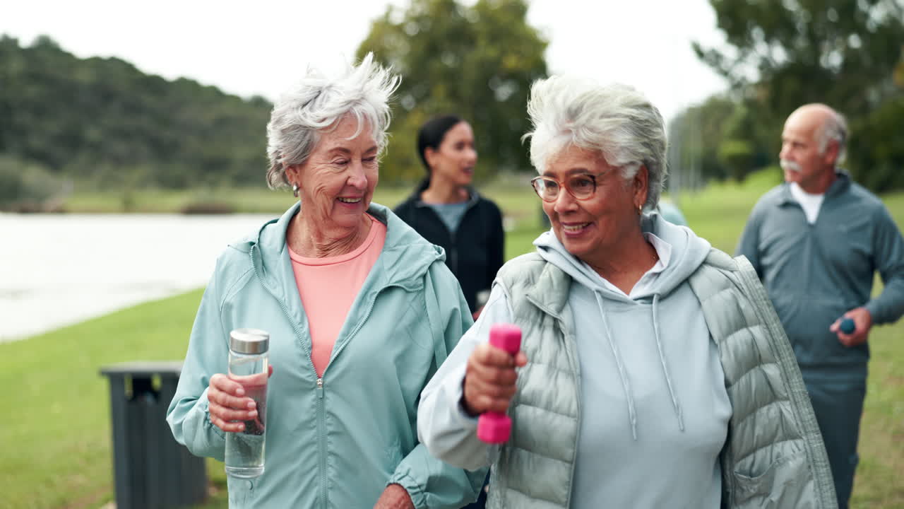 Group of seniors walking and exercising in the park