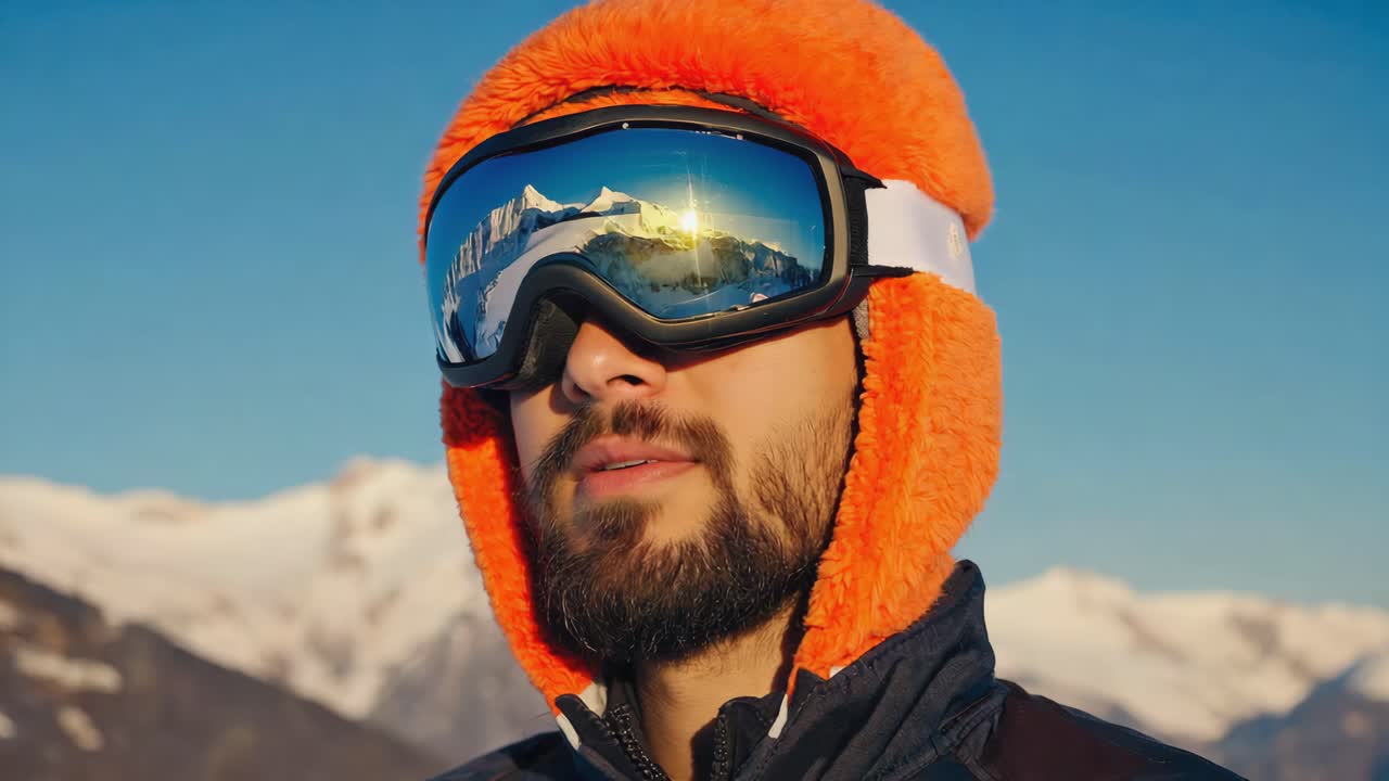 Man in Ski Goggles and Ear Flap Hat in Snowy Mountains