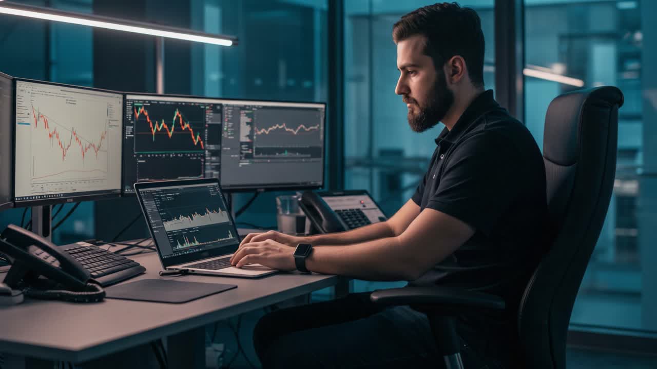Focused Trader Analyzing Financial Market Trends in a Modern Office Workspace Using Multiple Monitors for Real-Time Data Analysis and Strategy Development