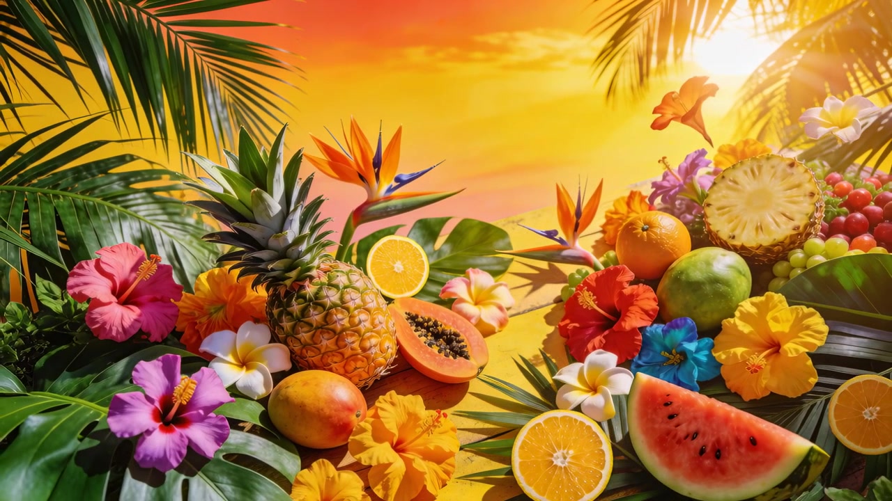 El sol ilumina, la cámara hace zoom en piña y papaya al atardecer, destacando flores y colores