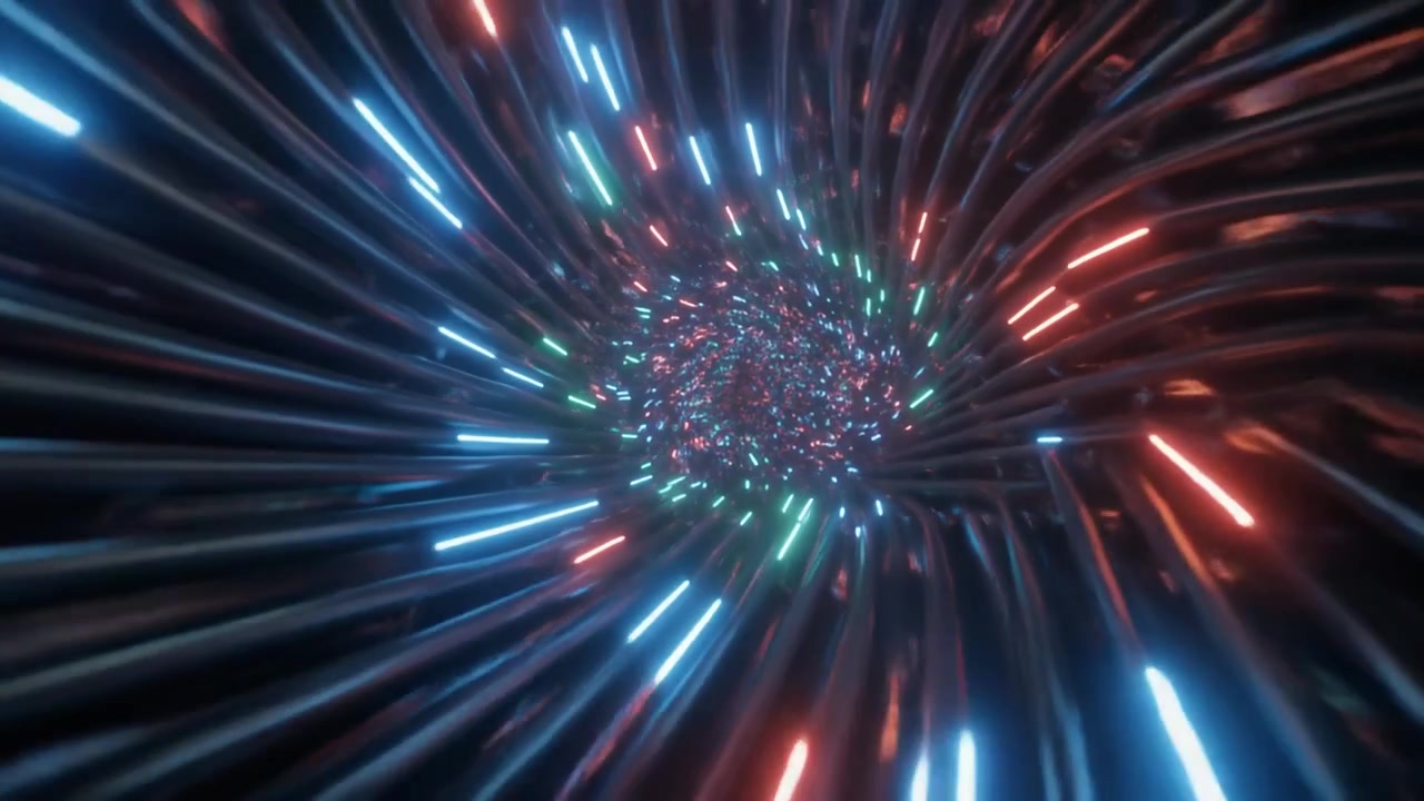 Tunnel astratto con strisce luminose al neon rosse e blu incandescenti