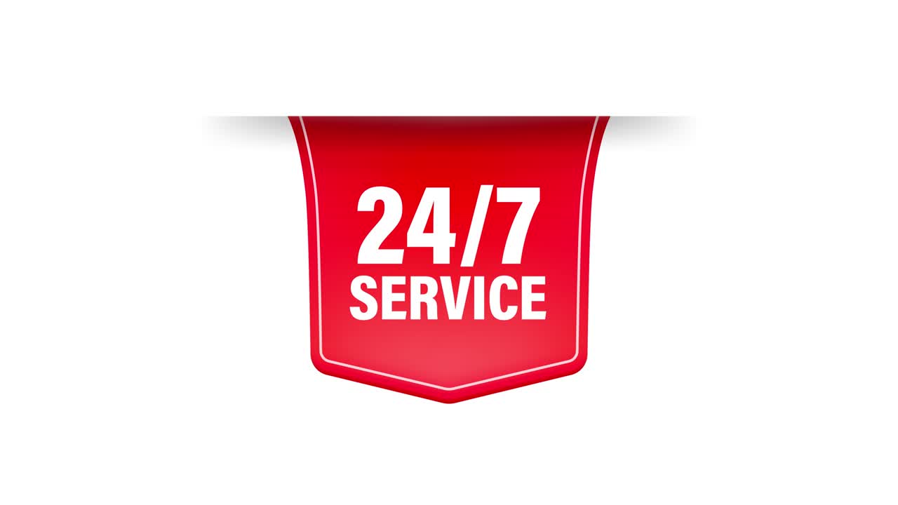 24 hours a day and 7 days a week icon, red ribbon isolated on white background. Motion graphics.