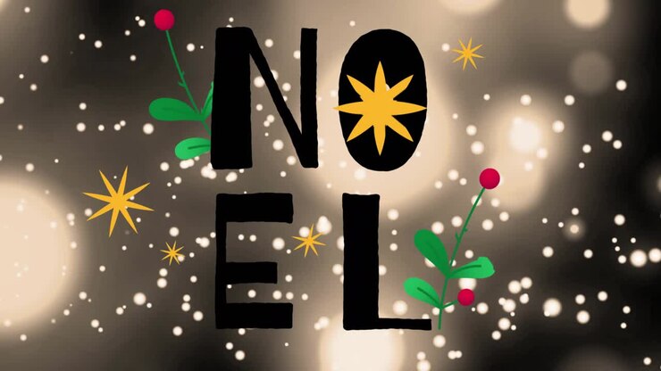 Des lettres initiales s’estompent pour former NOEL avec une bougie qui vacille, des étoiles qui rayonnent et de la neige qui tombe