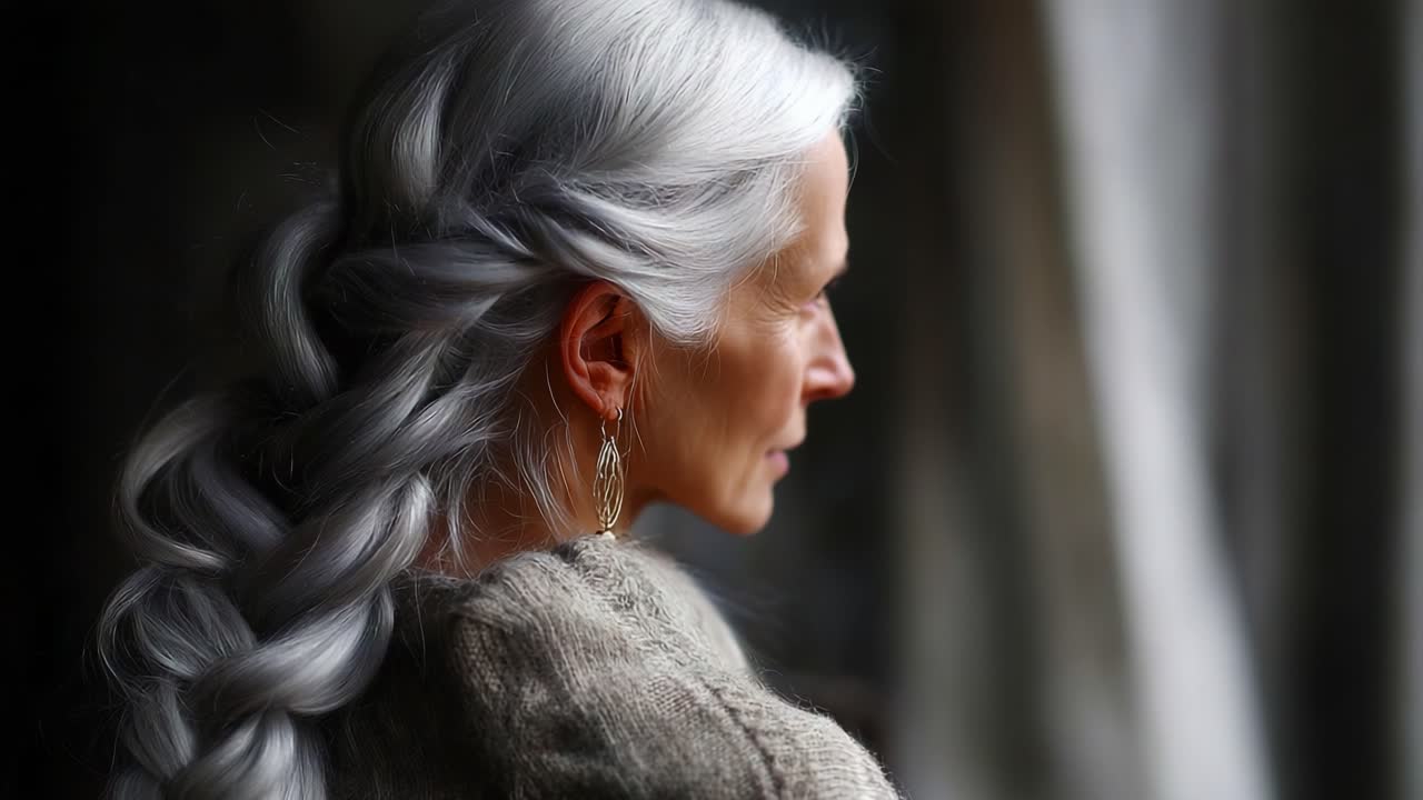 Aged Gracefully: Captivating Portrait of a Woman with Silver Hair and a Braid, Exuding Elegance While Gazing Thoughtfully Out of a Window in Soft Natural Light