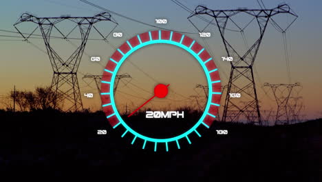 animation of speedometer over electricity poles at sunset