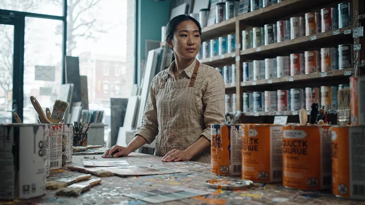 An artist at work in a vibrant studio, surrounded by paint cans and brushes, showcasing creativity and concentration amid a colorful artistic environment.