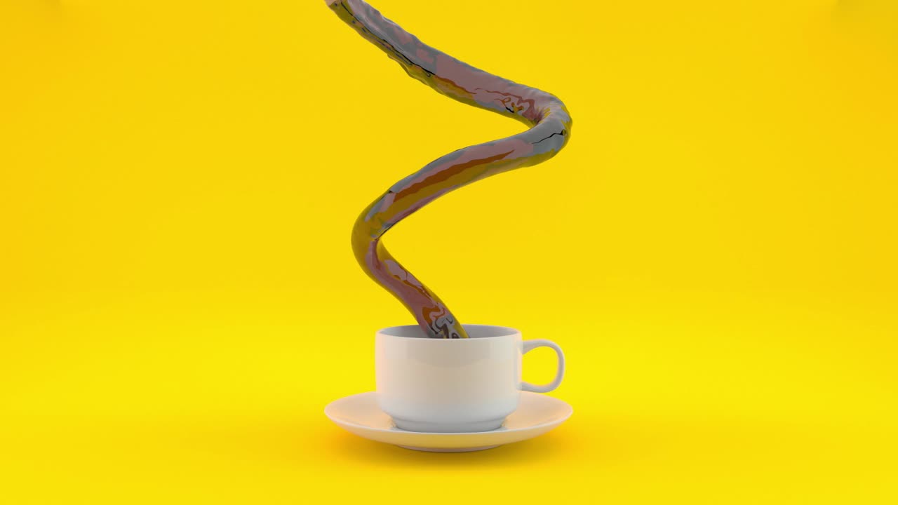 Coffee White Cup on a yellow background with a 3d liquid spiral