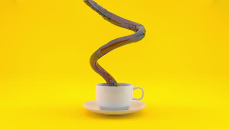 coffee white cup on a yellow background with a 3d liquid spiral