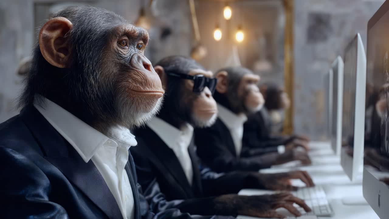 En gruppe af intelligent udseende aber klædt i formelle jakkesæt og solbriller, der arbejder flittigt ved computerborde og legemliggør fusionen af natur og teknologi i en kreativ setting.