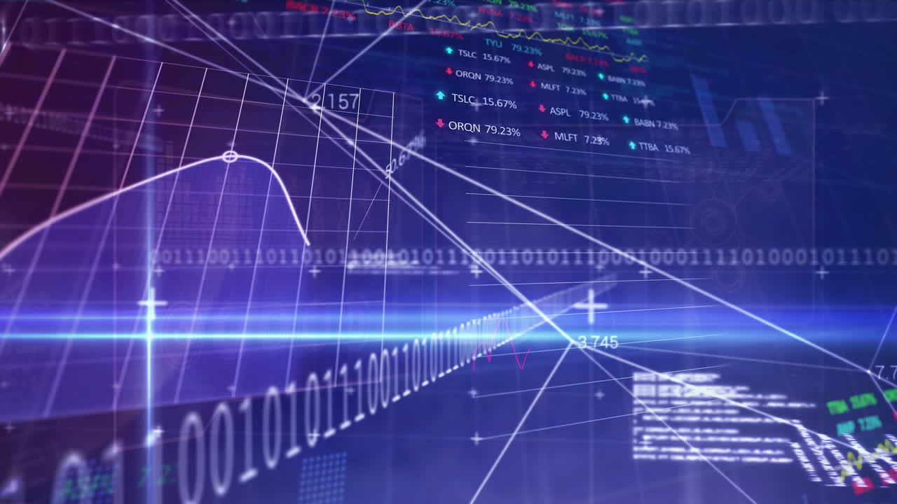 Animation of financial data processing on blue background