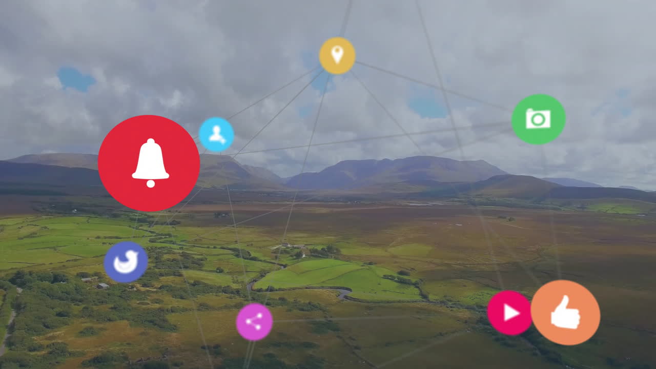 Social media icons and network connections animation over scenic landscape