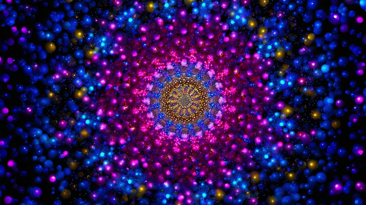 Vibrante spirale cosmica: una colorata rappresentazione di sfere dinamiche e motivi radiosi in un universo affascinante di luce ed energia, che crea un'esperienza visiva ipnotica