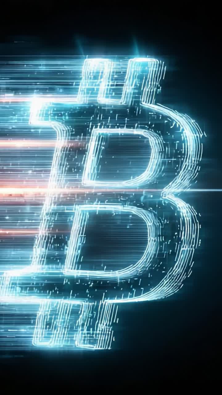 Brilho dinâmico do símbolo de criptomoeda: uma transformação vívida do logotipo do Bitcoin capturada em movimento com efeitos de luz eletrizantes