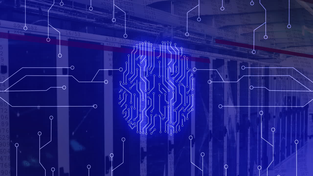 Animation of neon brain and network of connections over server room