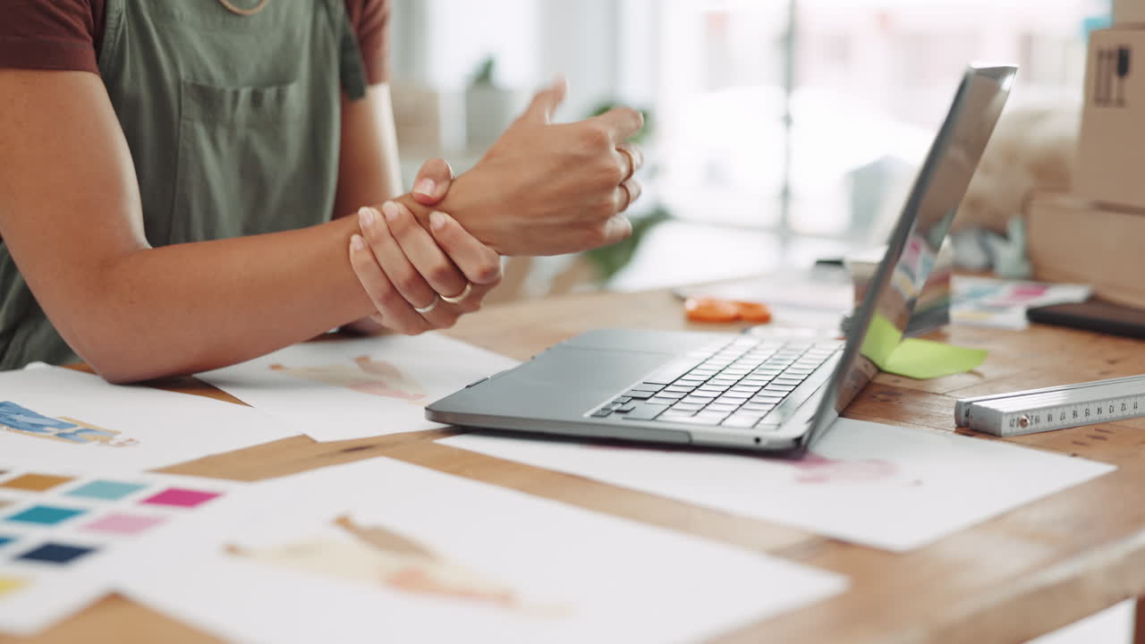 manos de la mujer, muñeca y dolor por escribir en la computadora portátil