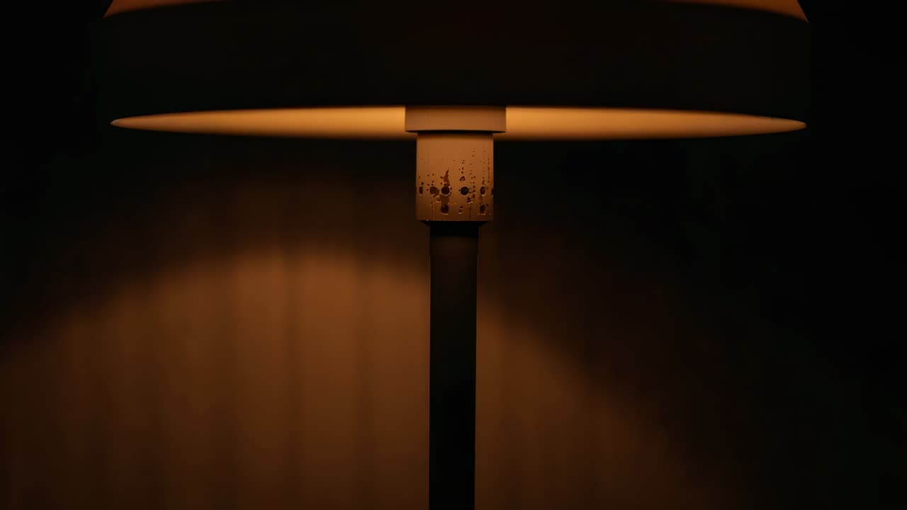 Viewpoint rising, floor lamp revealing shade edge and pierced collar, casting warm glow for detail
