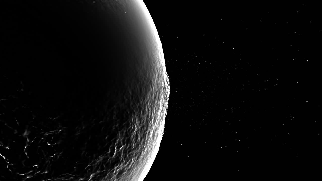 Side view of planet rotating against a black starry void. Minimalist composition designed for cinematic title sequences and film intros