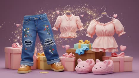 exploring a dreamy fashion wonderland: captivating outfit display surrounded by gifts, adorable accessories, and enchanting sparks of creativity and style
